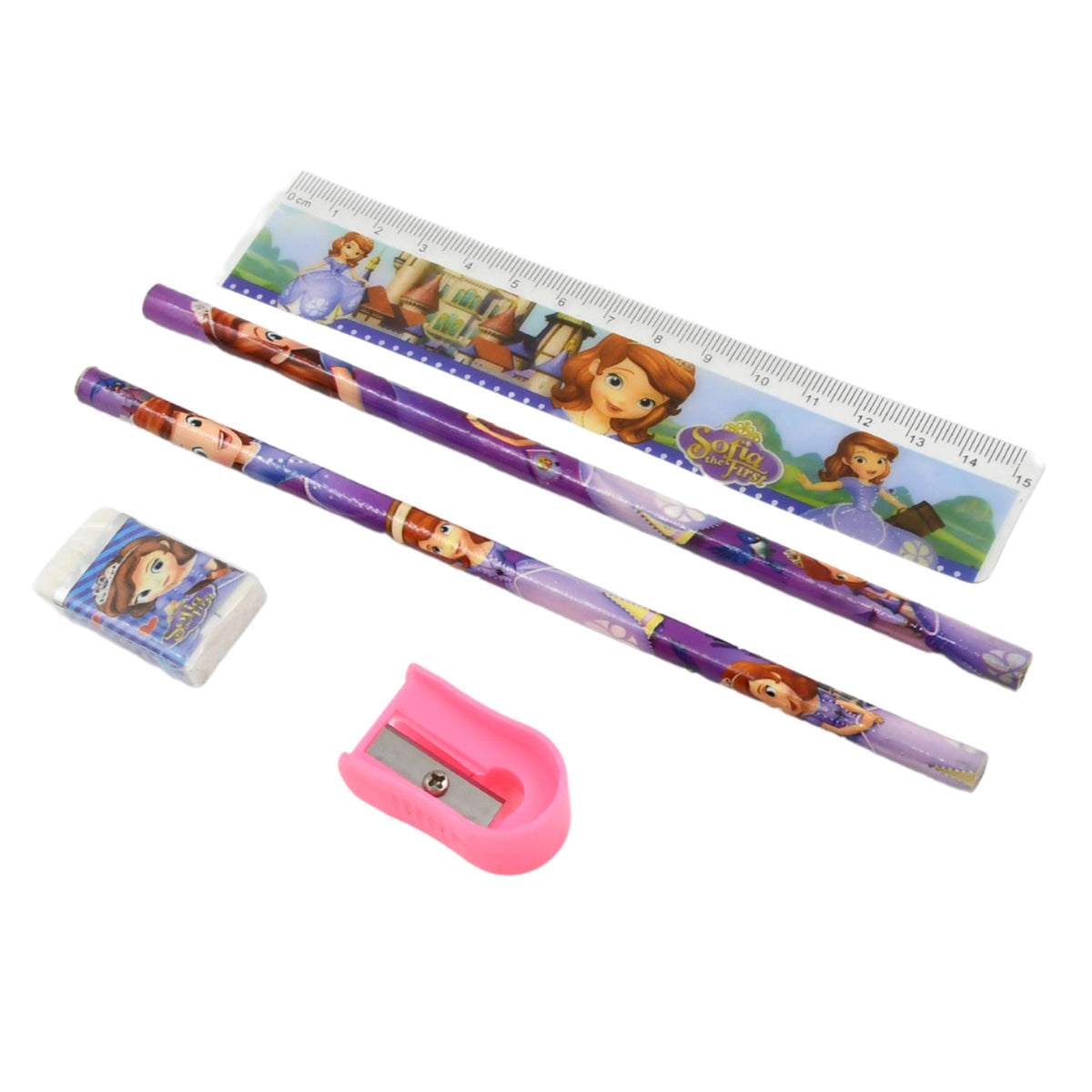 A cartoon-themed stationery set featuring two purple pencils, a ruler, an eraser, and a pink sharpener on a white