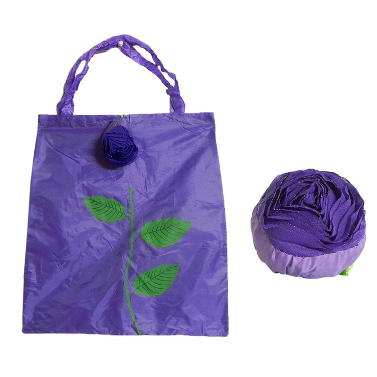 The purple foldable shopping bag with a rose design is displayed next to the bag folded into a rose shape.