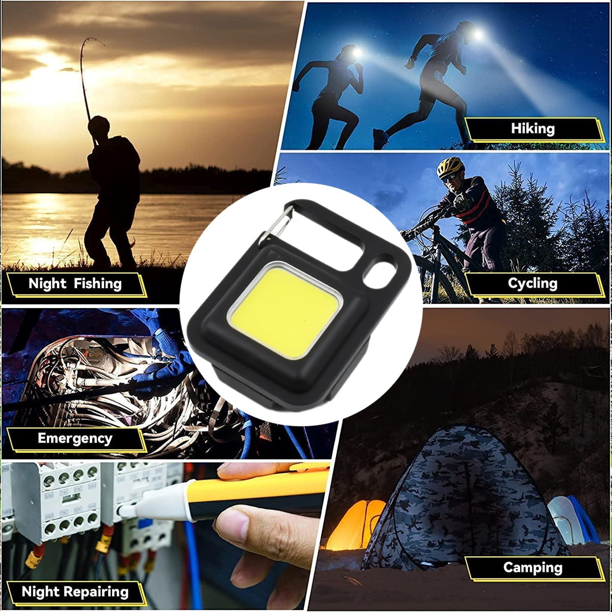 A collage of activities like night fishing, hiking, cycling, emergency, night repairing, and camping, all benefiting from