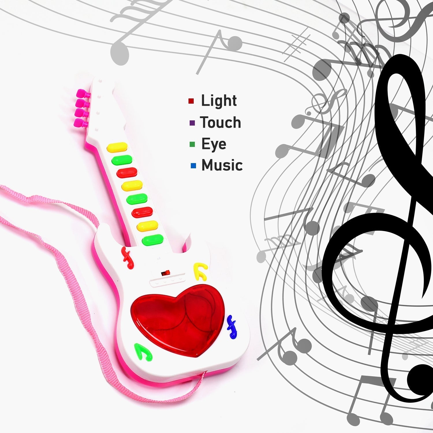 A close-up of the battery operated guitar toy, highlighting its vibrant design.