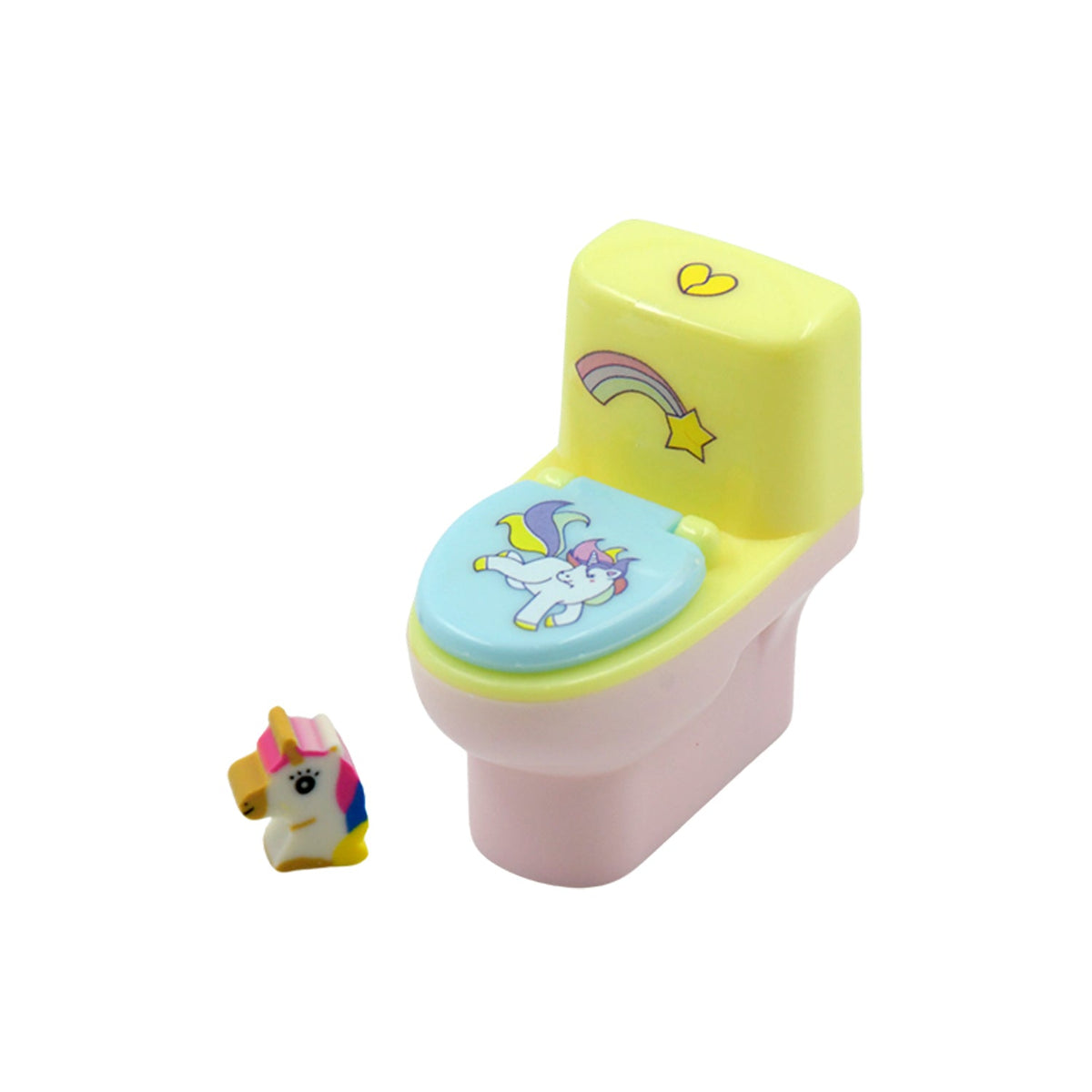 A pastel yellow and pink toilet-shaped pencil sharpener with a unicorn design on the seat, next to a small unicorn eraser,