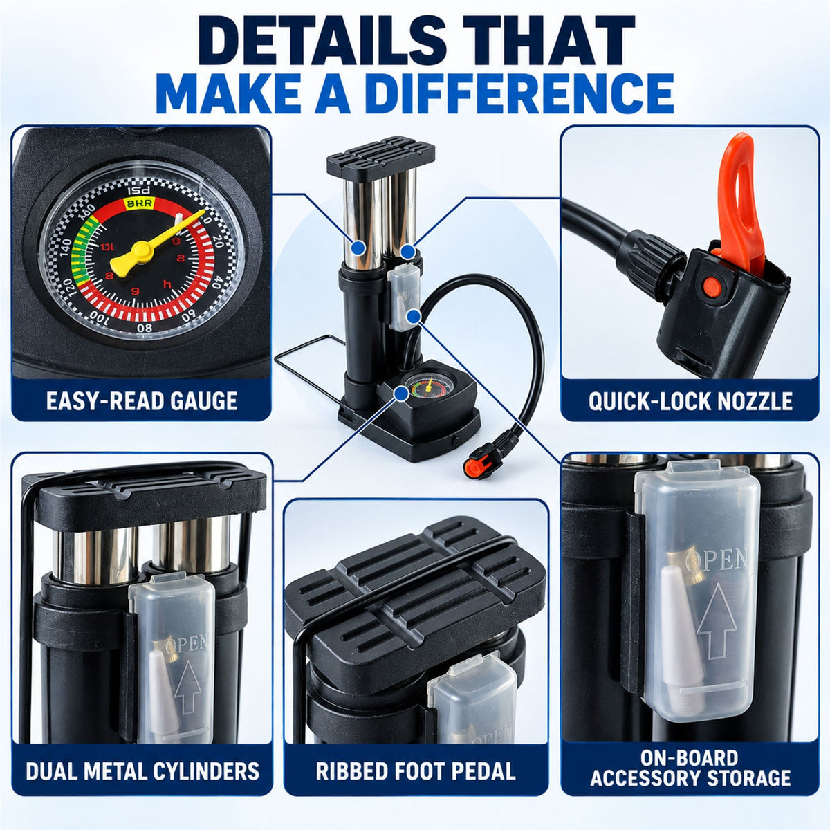 Mini Bike Pump – Portable Foot Operated with Gauge - view 8