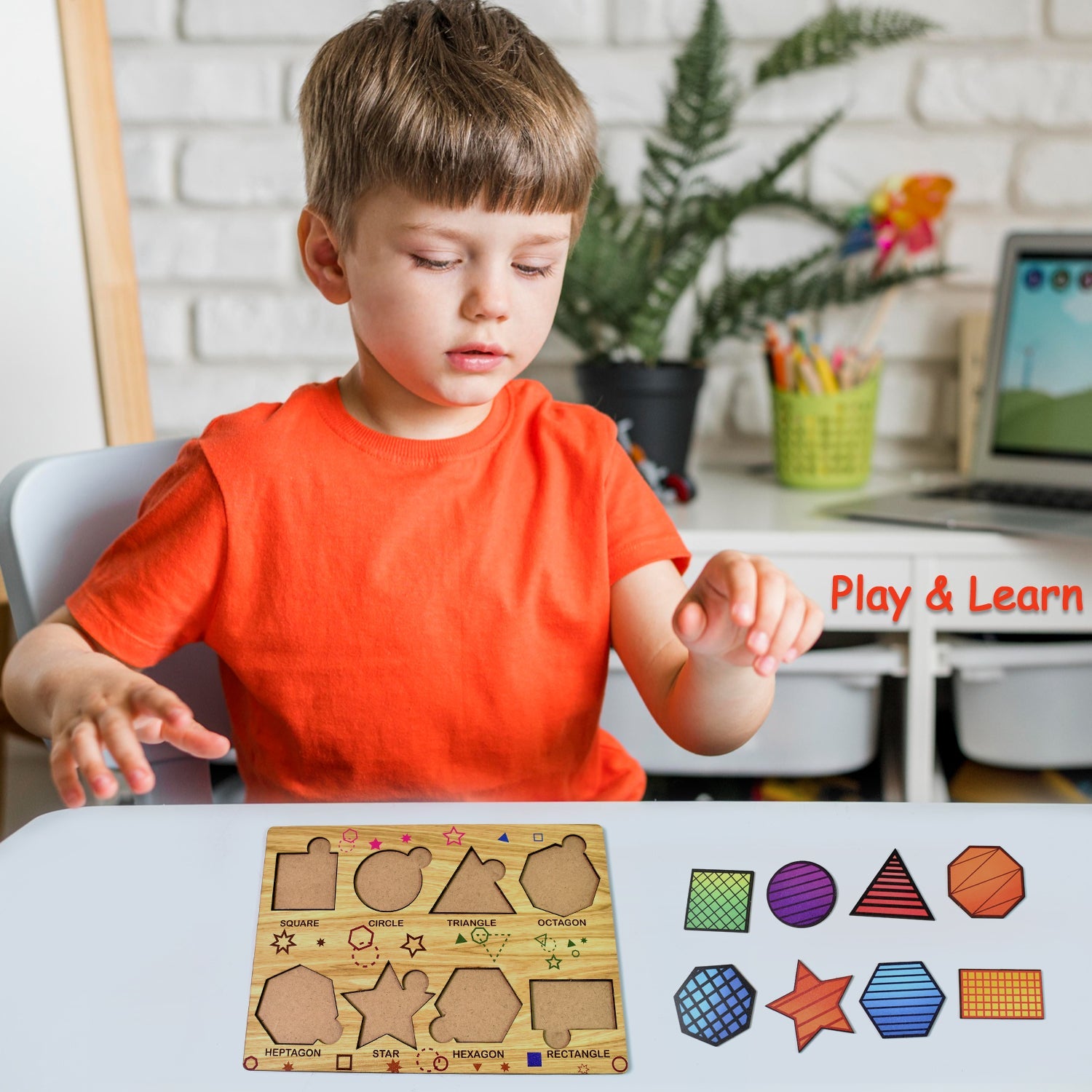 Individual wooden triangle puzzle pieces in various colours, ready for assembly.