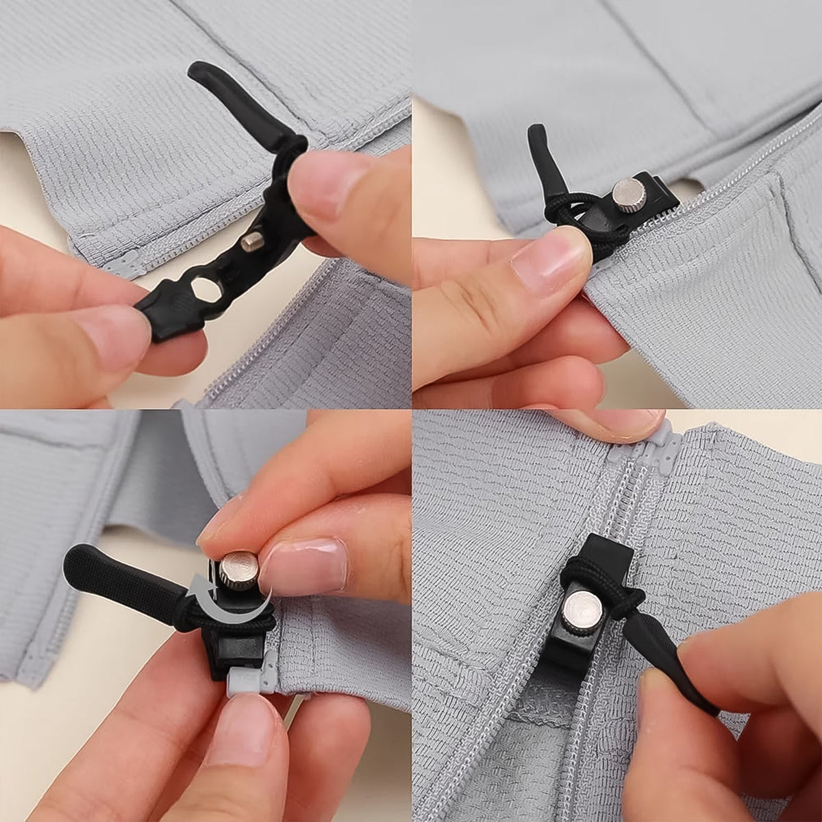 Packaging of the detachable zipper slider, emphasizing easy installation.