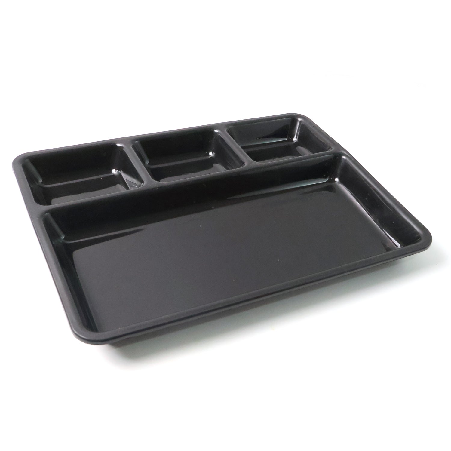 Stackable design of plastic rectangular 4-compartment meal tray for easy storage.