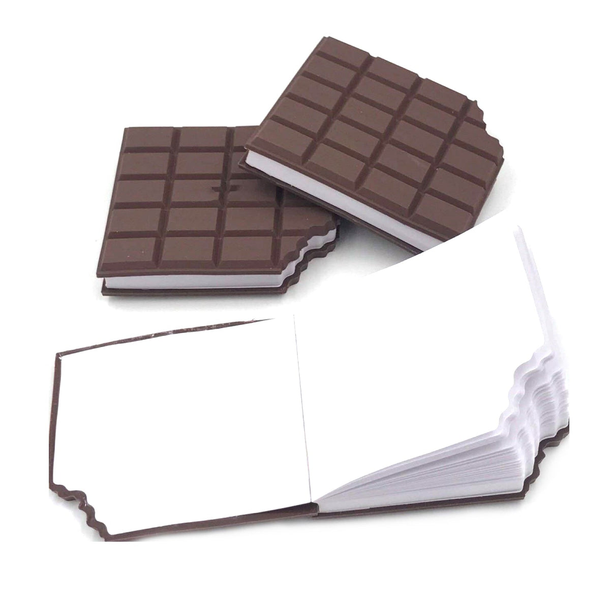 Three chocolate bar shaped notebooks on a white surface, one open to blank pages.