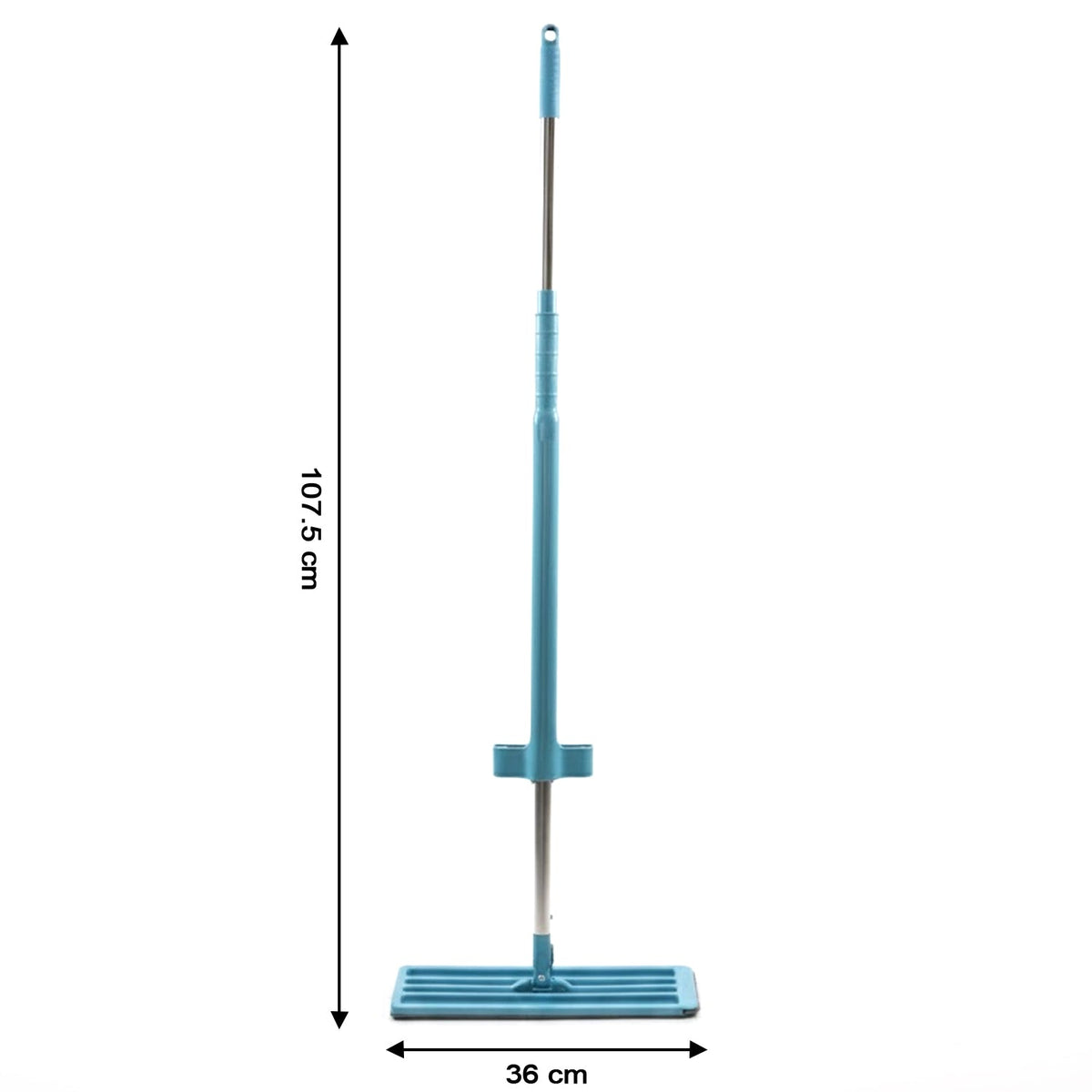A full view of the blue and silver flat mop with dimensions of 107.5 cm height and 36 cm width.