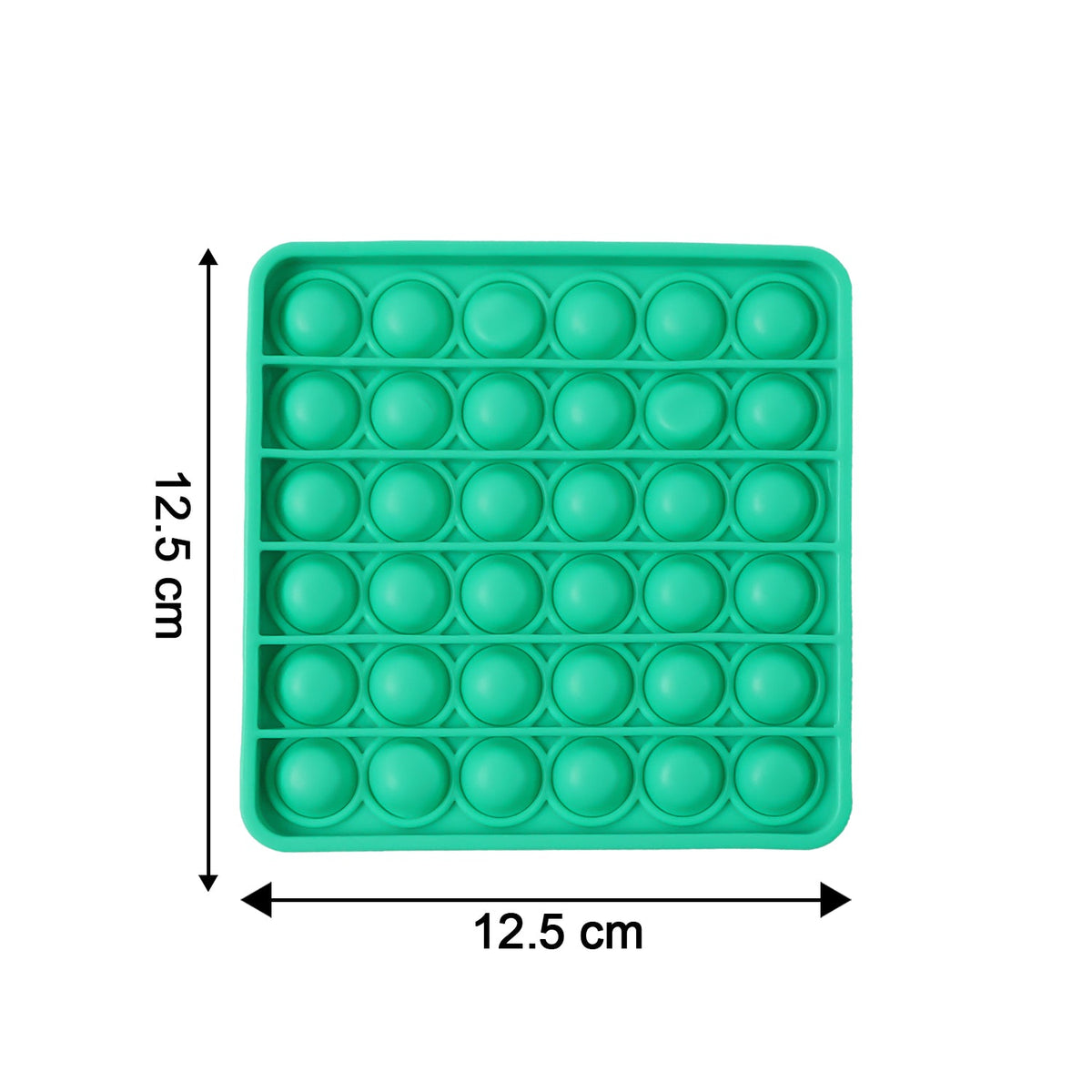 A square green silicone pop-it fidget toy with dimensions 12.5 cm by 12.5 cm indicated.