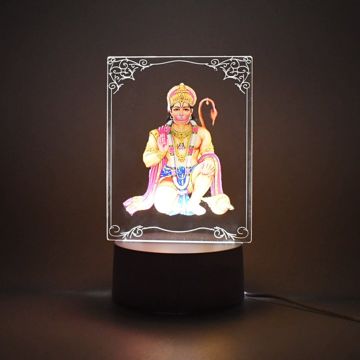 Side view of 3D Lord Hanuman Frame featuring warm white LED night light