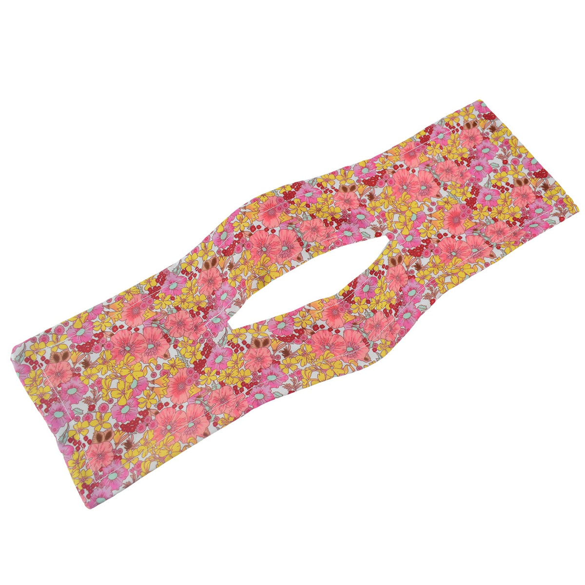Pink and yellow knotted wire headband with an elongated oval cutout in the center.