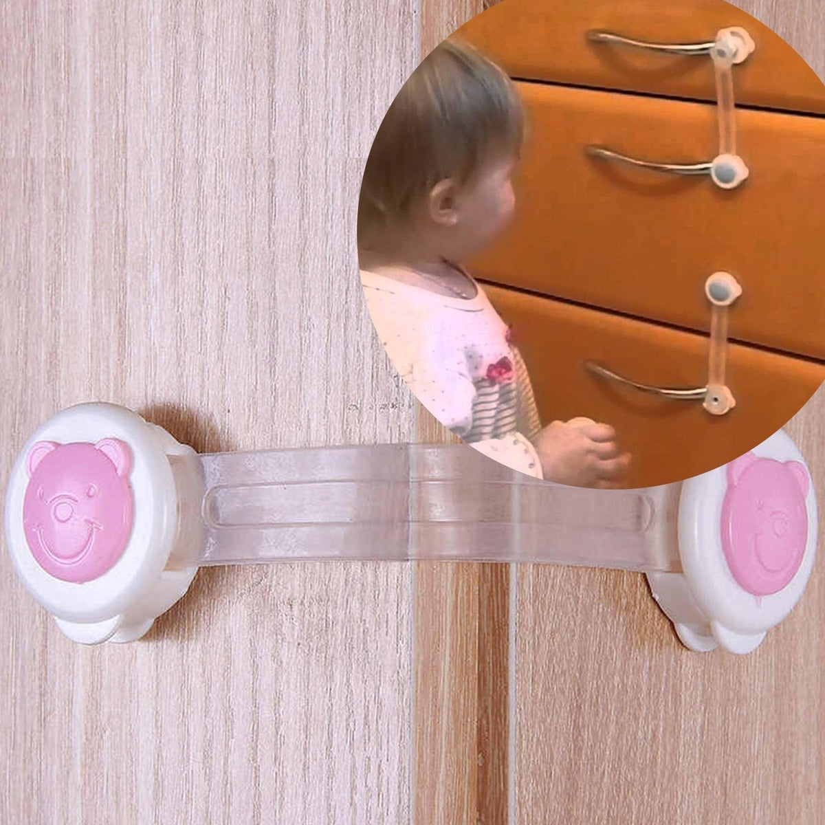 Close-up of the Baby Safety Strap Lock showing the adhesive backing and flexible strap for drawers.