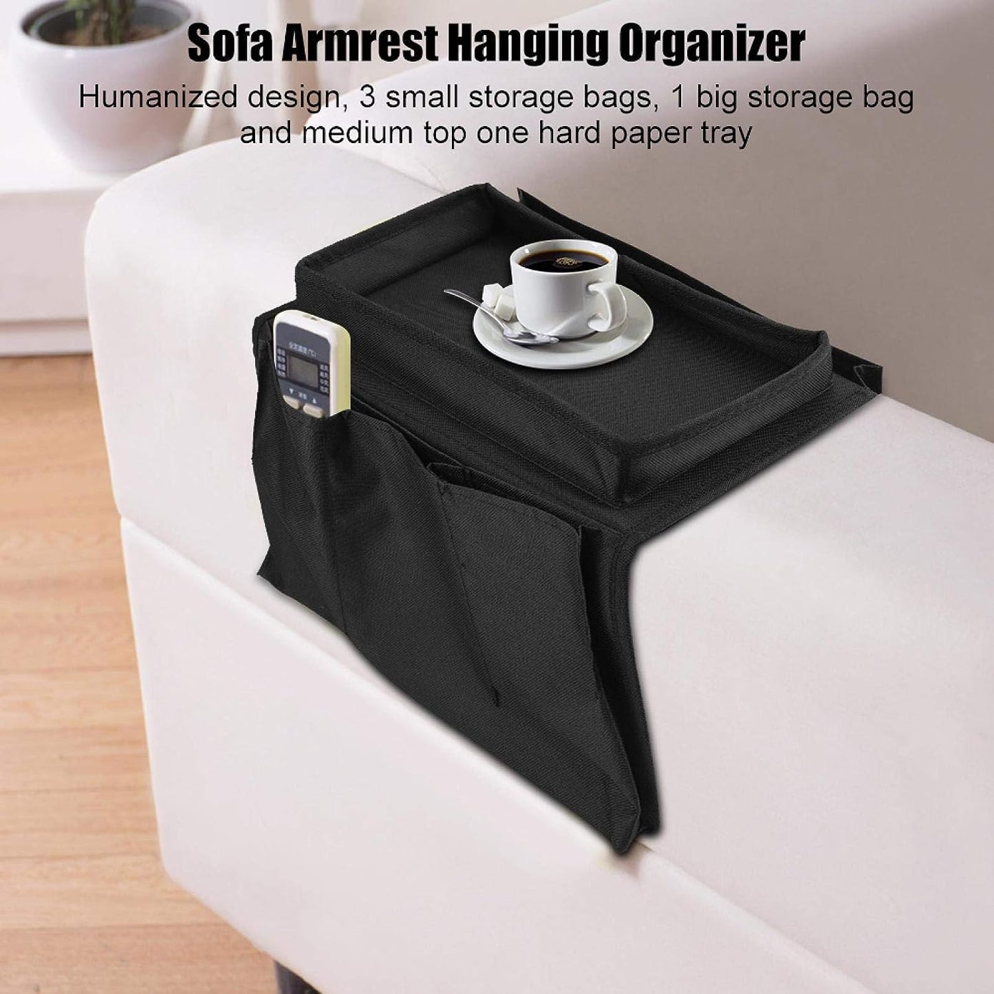 Mess-Free Sofa Armrest Organizer – Black Storage Caddy
