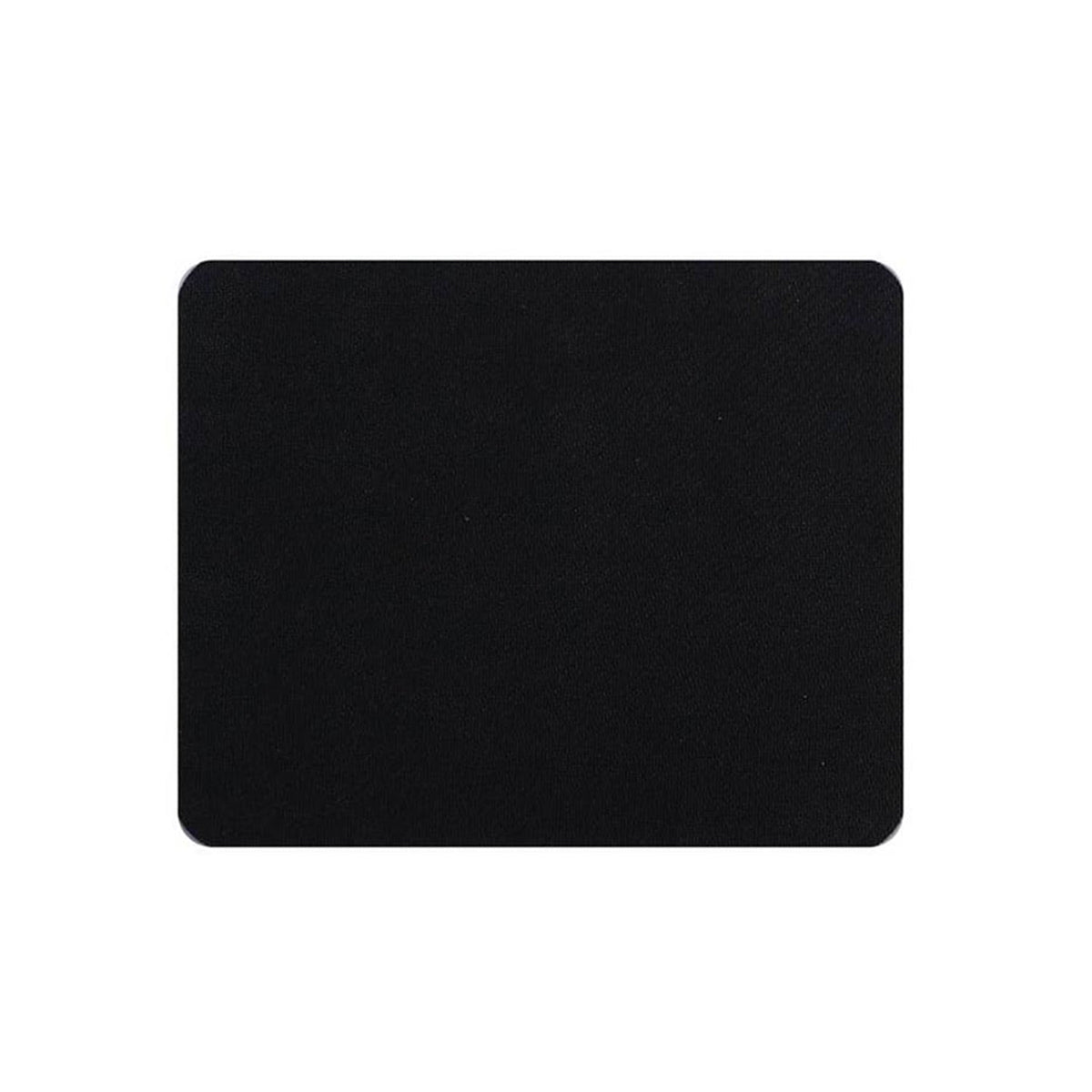 A plain rectangular black mouse pad with rounded corners on a white background.
