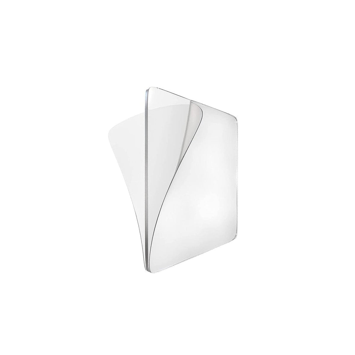A single clear, square, double-sided adhesive sticker is shown peeling away from itself on a white background.