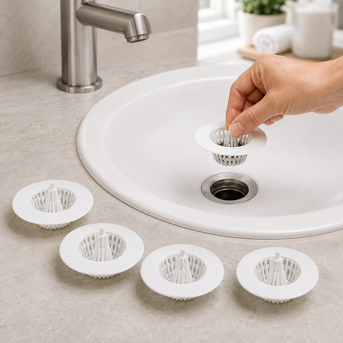 A hand inserts a white plastic sink drain strainer into a white ceramic sink with a brushed nickel faucet.
