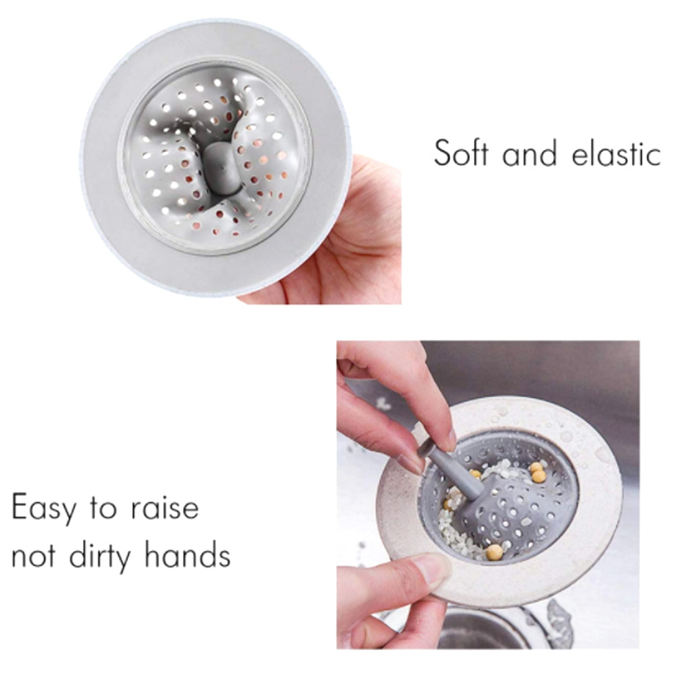 Two images; top shows a hand squeezing a flexible grey strainer, bottom shows a hand lifting a strainer with food scraps.