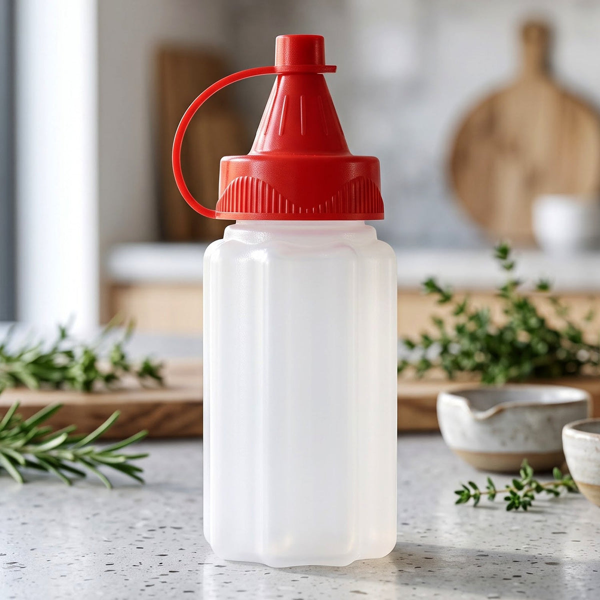 A small, empty, white ribbed plastic squeeze bottle with a red cap sits on a grey countertop with blurred greenery.