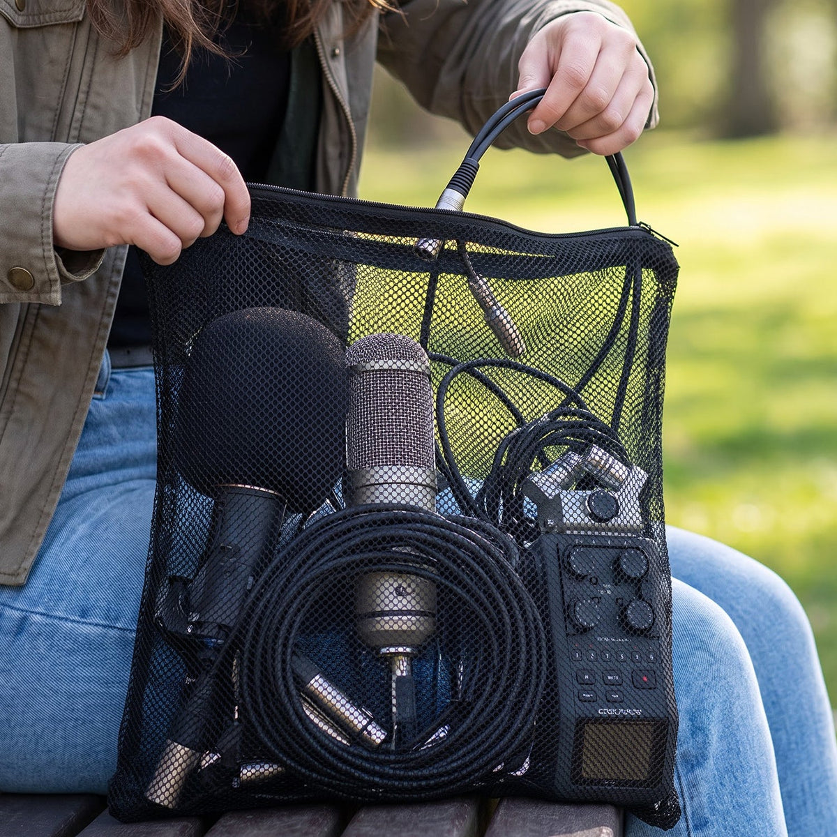 A person holds a black mesh zipper bag filled with microphones and audio cables outdoors, with a small inset of the empty