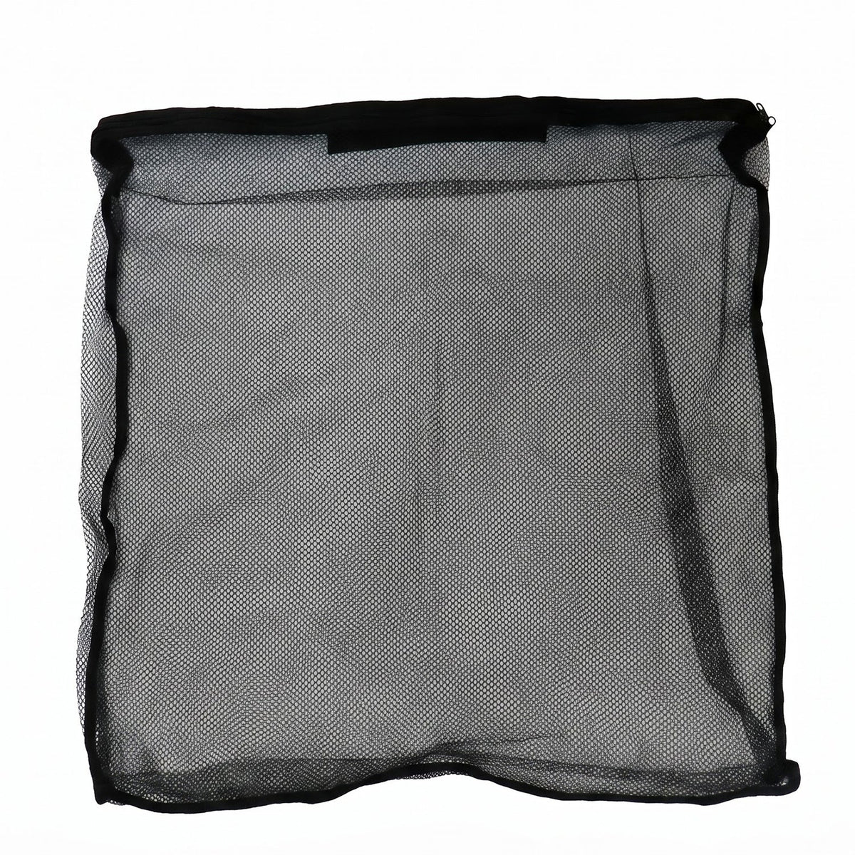 A flat black mesh zipper storage bag is displayed against a white background.