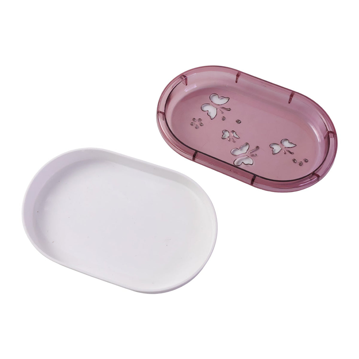 White soap case base and pink butterfly-patterned lid separated on a white background.