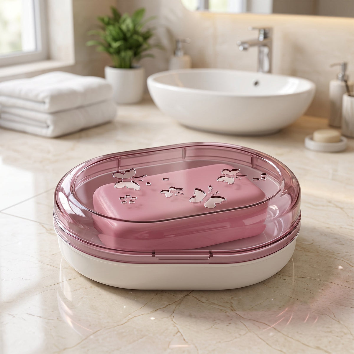 Pink bar of soap inside the closed pink butterfly-patterned soap case on a marble counter in a bathroom setting.