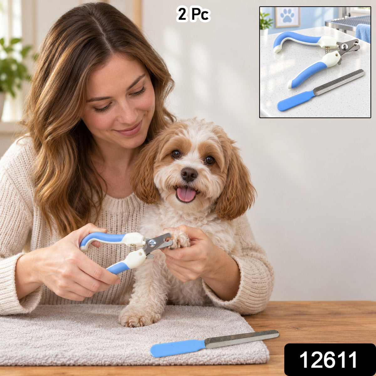 A woman clips the nails of a small, happy dog with blue and white clippers, a matching file rests nearby.