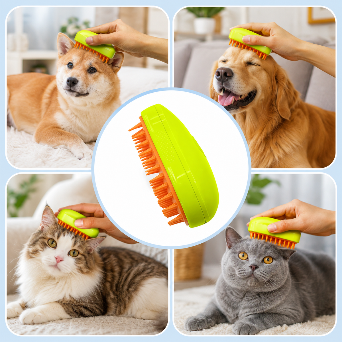 A person brushes a Shiba Inu, Golden Retriever, long-haired cat, and short-haired cat with a lime green and orange brush.