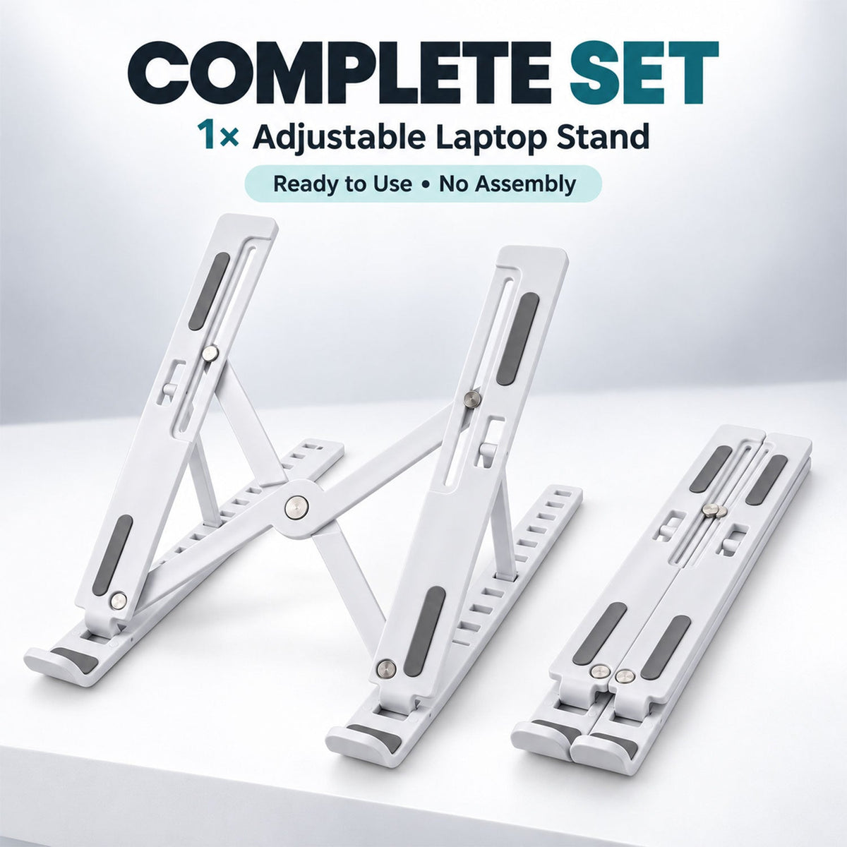 Two white laptop stands, one fully open and one folded, displayed on a white surface with text overlay.