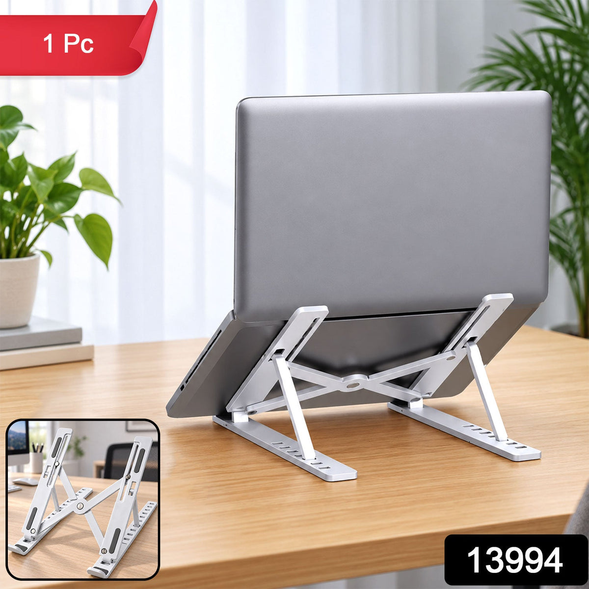 White laptop stand with gray non-slip pads, featuring multiple adjustment points and a central pivot.