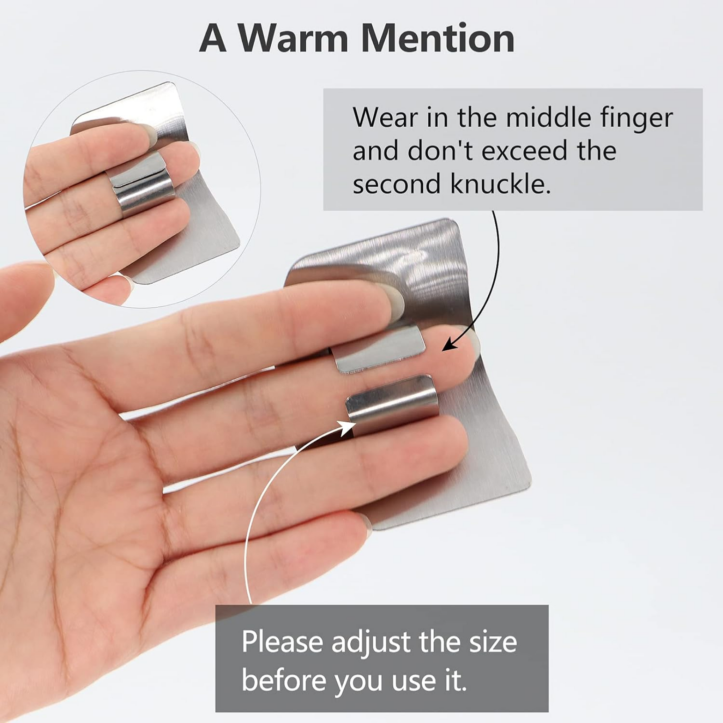 Demonstration of the finger guard protecting fingers while cutting meat securely.