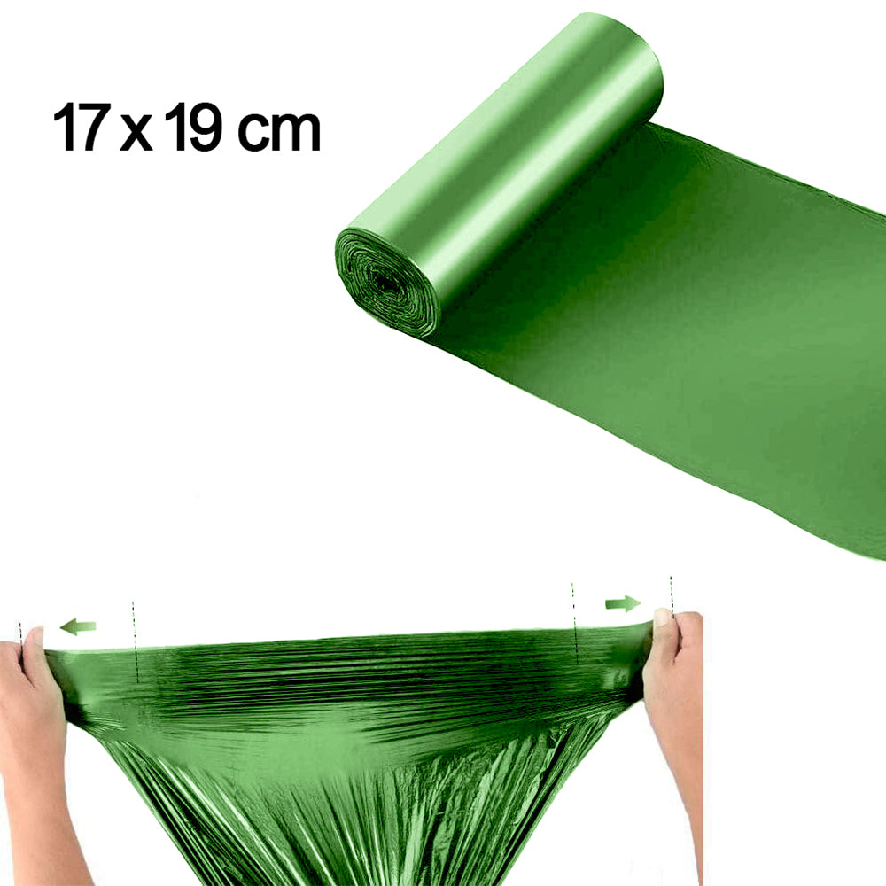Green corn starch trash bags ideal for biodegradable waste and eco-friendly trash disposal.