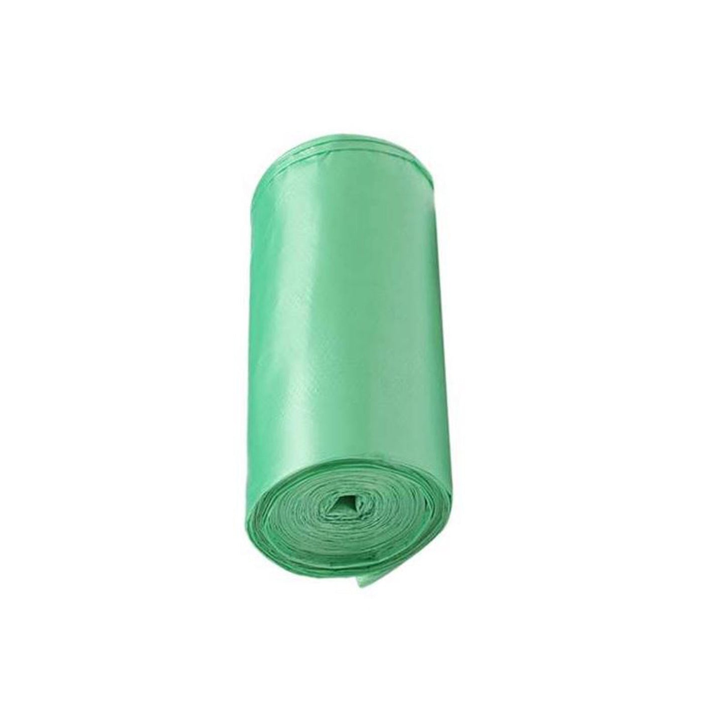Multiple rolls of green biodegradable trash bags on a clean white surface.