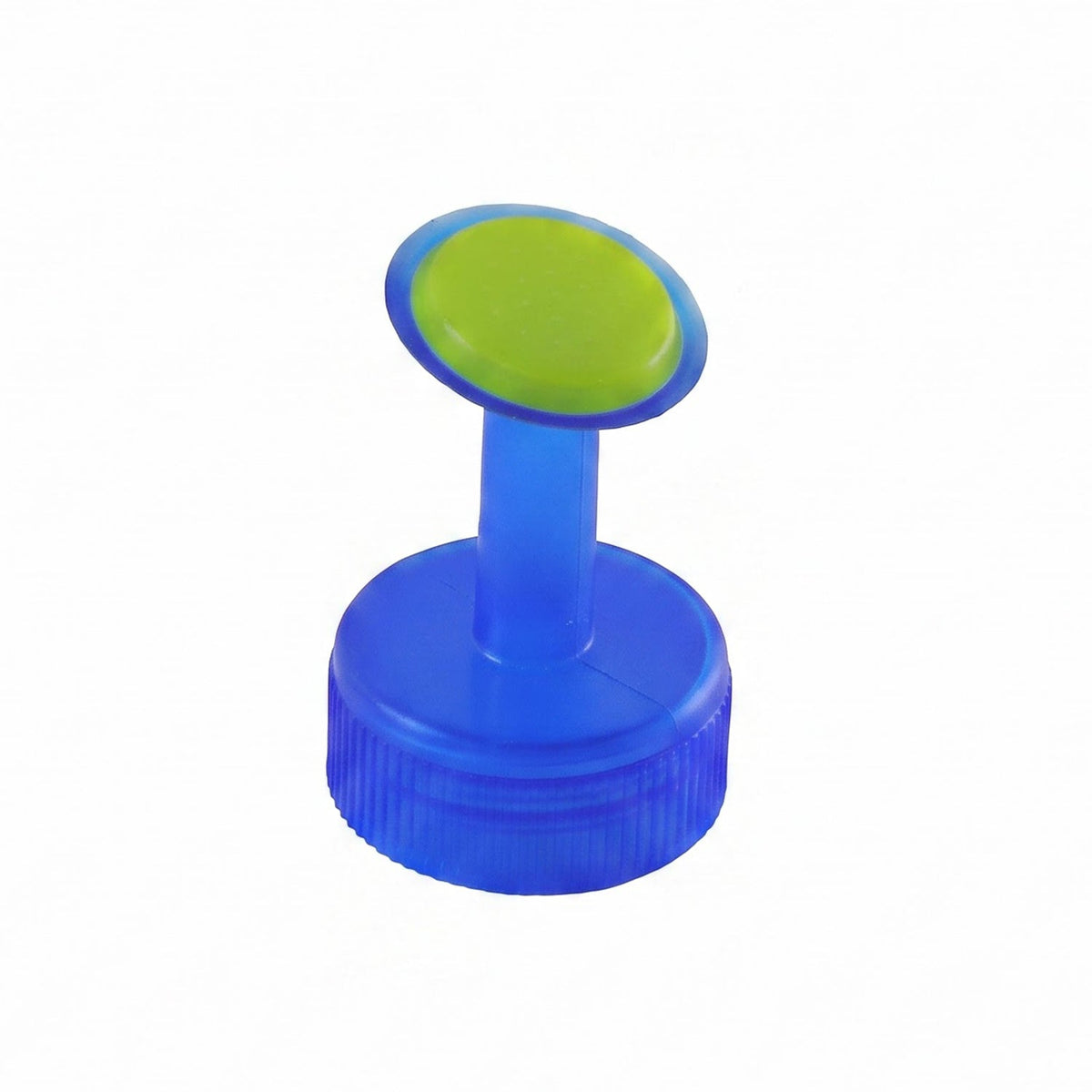 A blue plastic bottle cap with a green sprinkler top is shown on a plain white background.