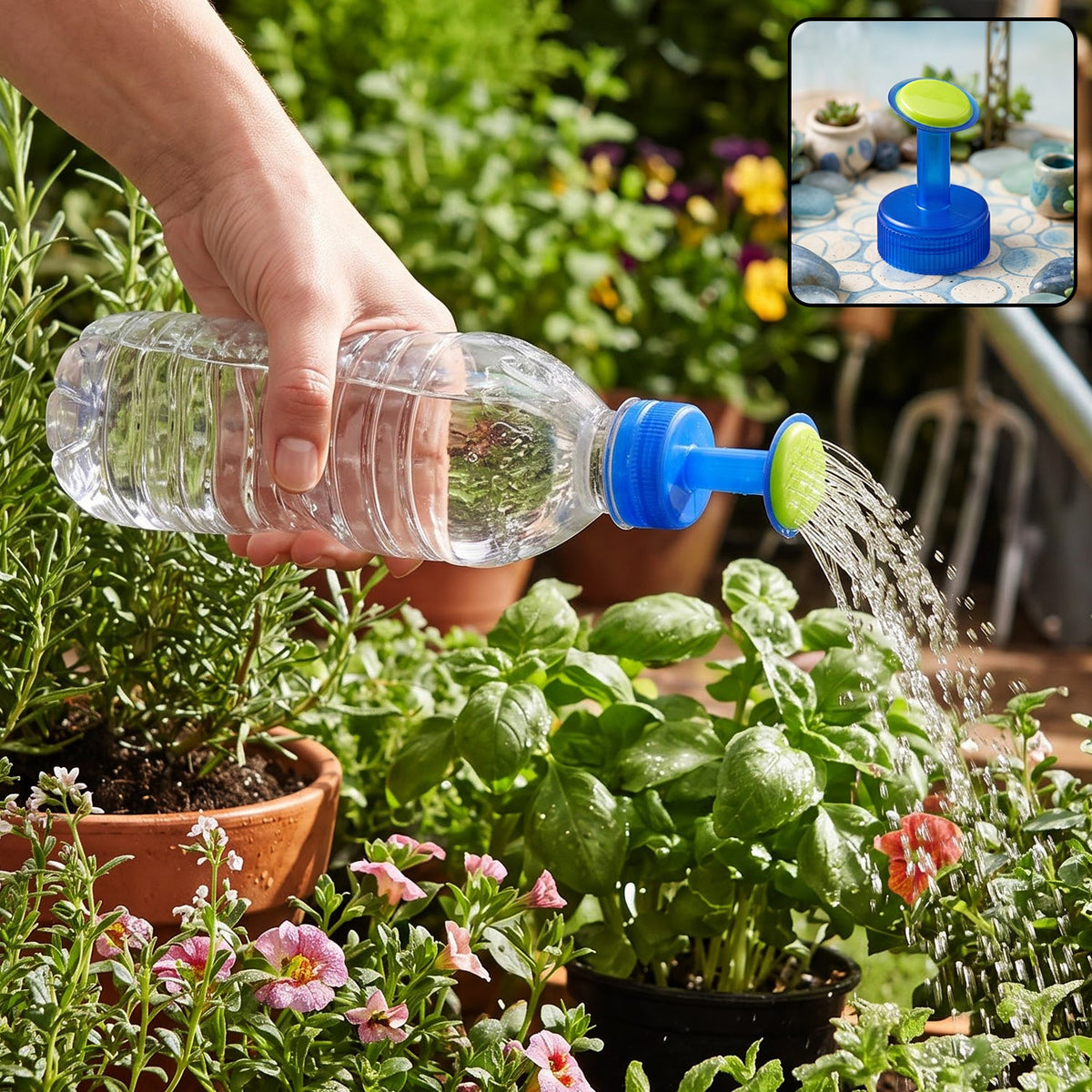 A hand holds a clear plastic bottle with a blue and green sprinkler cap, watering green plants in a garden, with a small