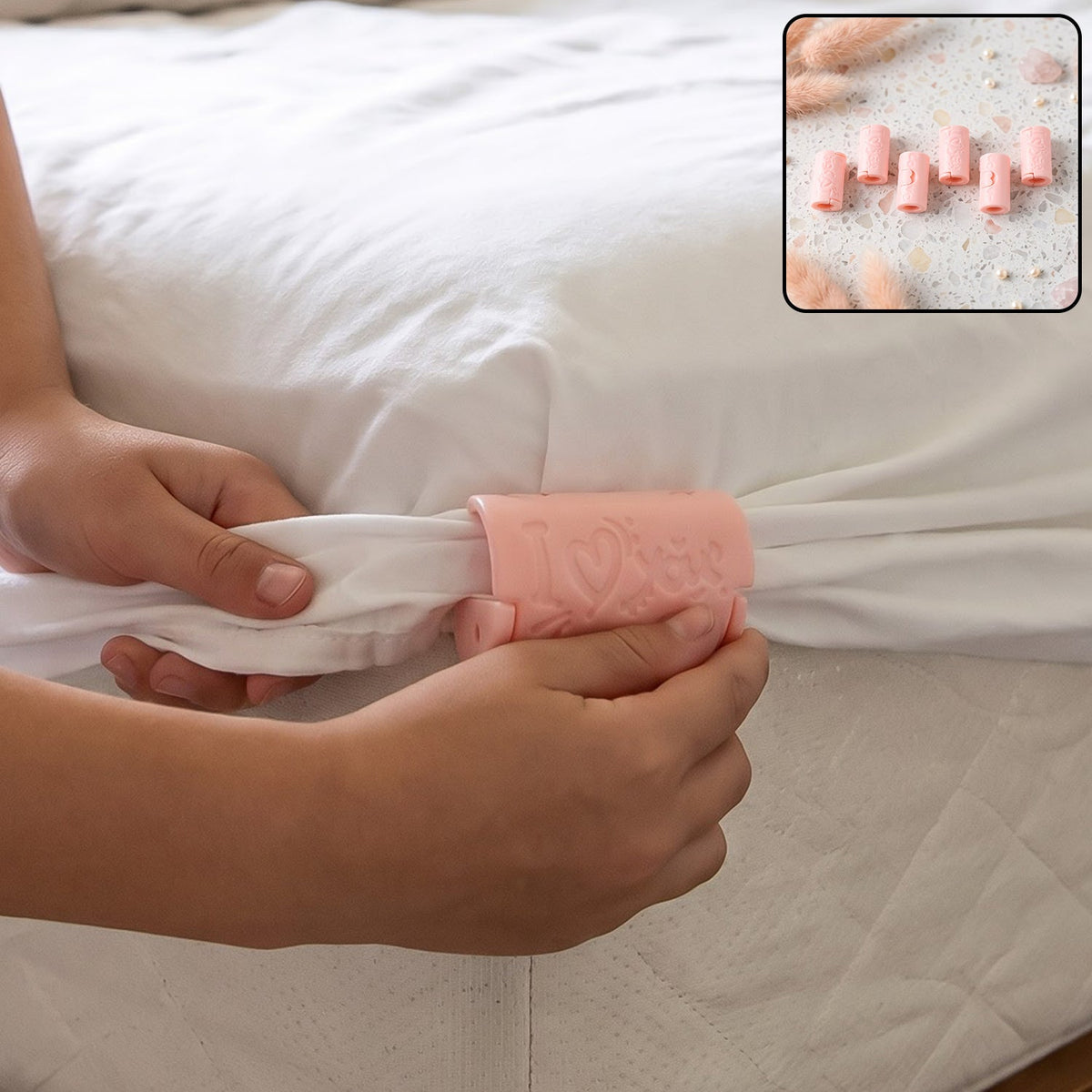 Hands demonstrate using a pink plastic clip to secure a white bed sheet to a mattress, with a small inset showing five clips.