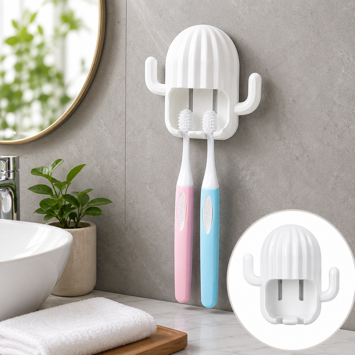 White cactus toothbrush holder mounted on a gray tiled bathroom wall, holding pink and blue toothbrushes.