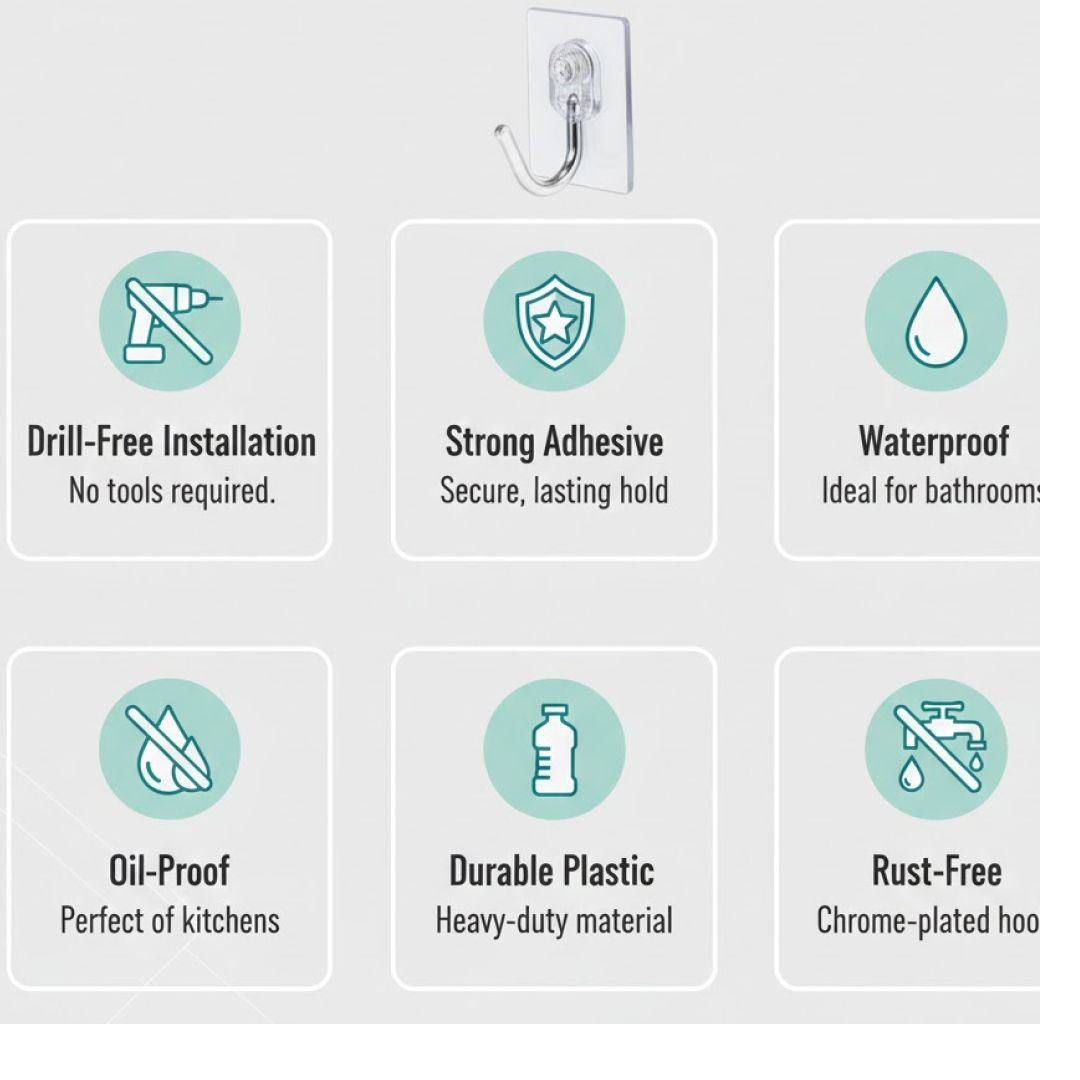 Heavy-Duty Plastic Self Adhesive Wall Hooks – 15KG Capacity