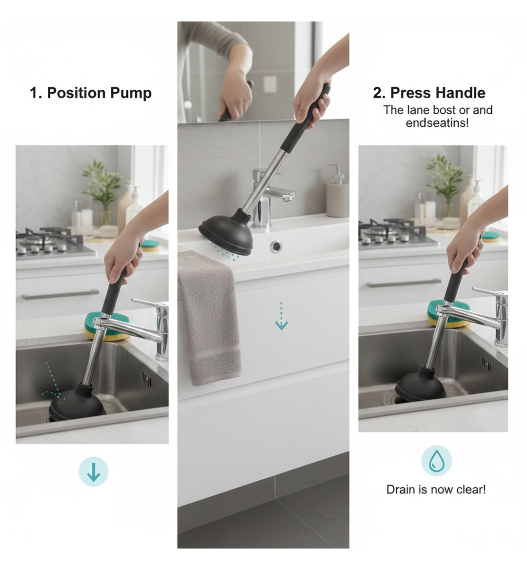 Guide image demonstrating how to use the drain unblocker pump on a kitchen sink.