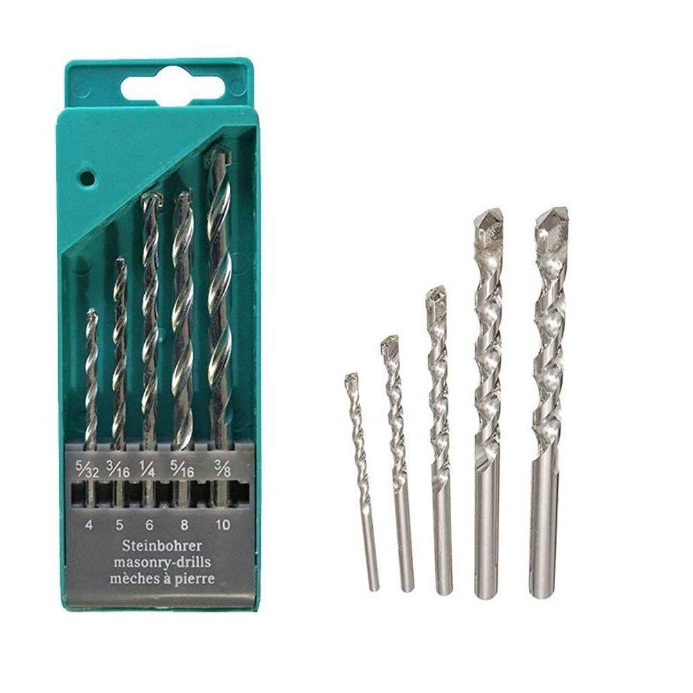 A 5-piece masonry drill bit set in a green case is displayed next to the bits laid out on a white background. – view 3