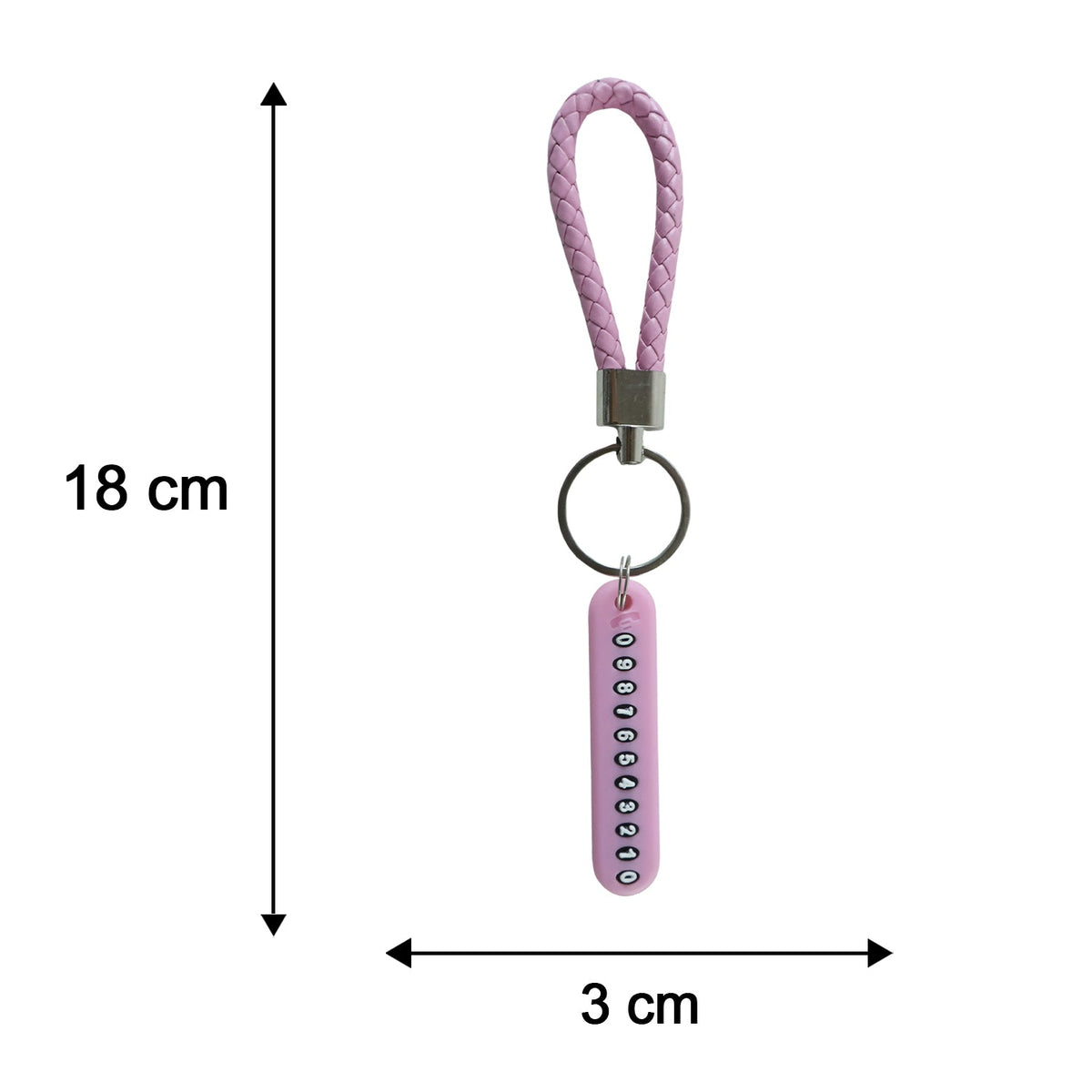 A pink braided wrist loop keychain with a pink number tag, showing dimensions of 18 cm length and 3 cm width.
