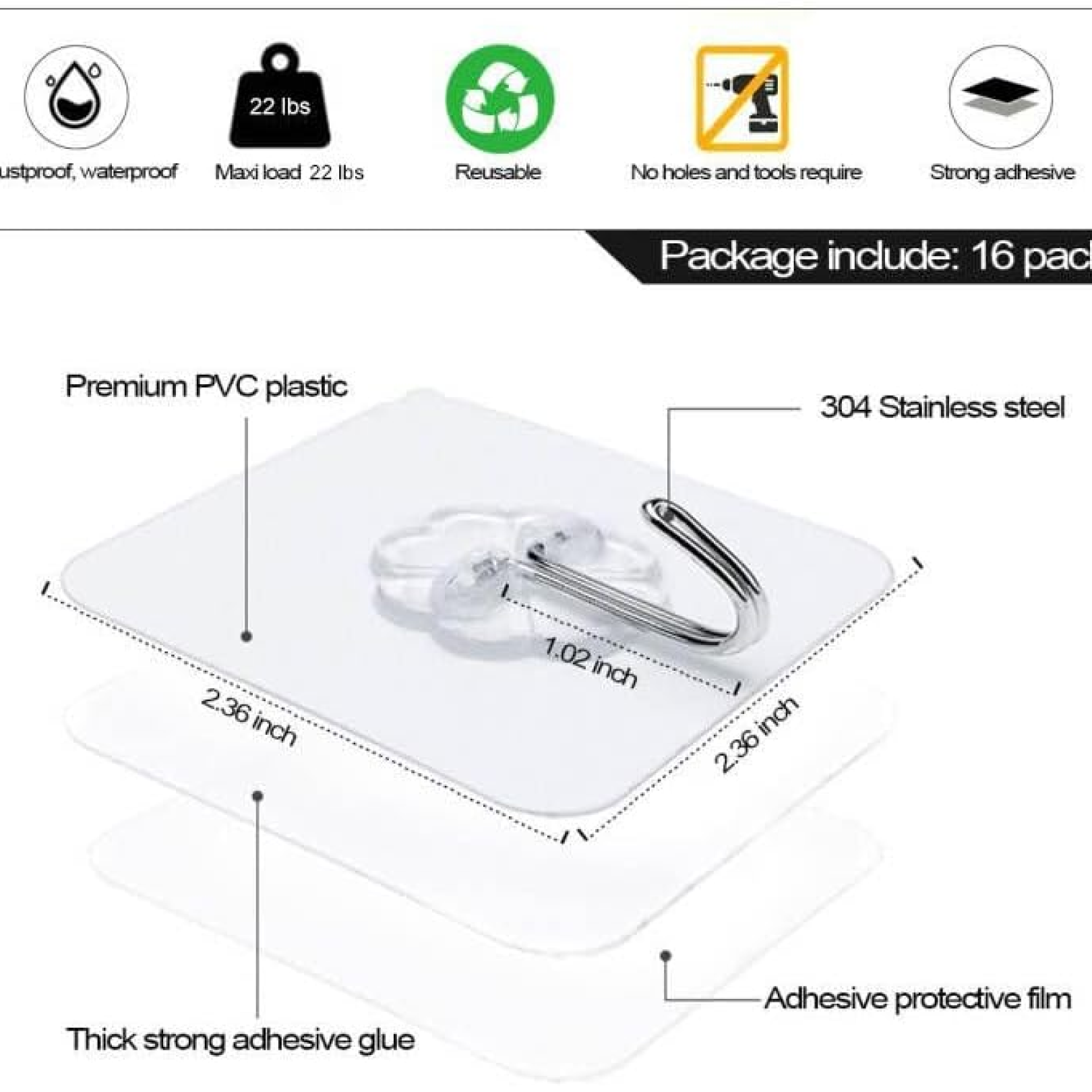 Heavy-Duty Adhesive Wall Hooks – Pc Transparent Set - main product view