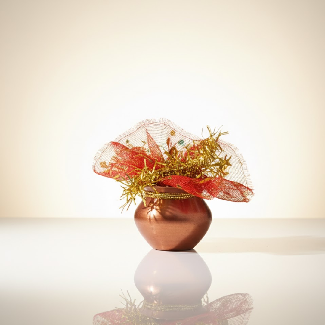 Top view of mini kalash pooja set showing cloth cover and deity tokens