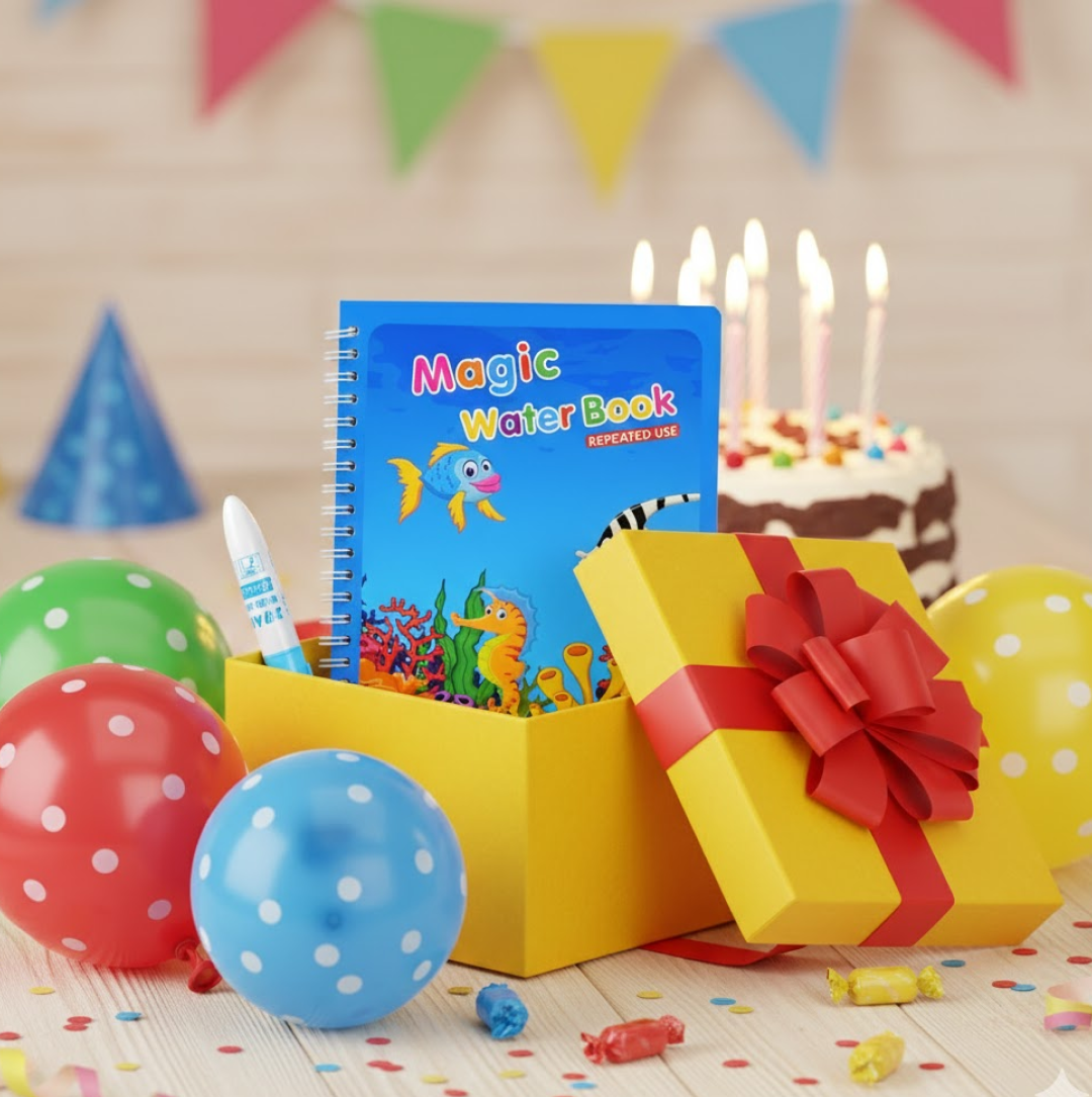 A young boy happily painting with the Magic Water Coloring Book, an ideal educational toy.