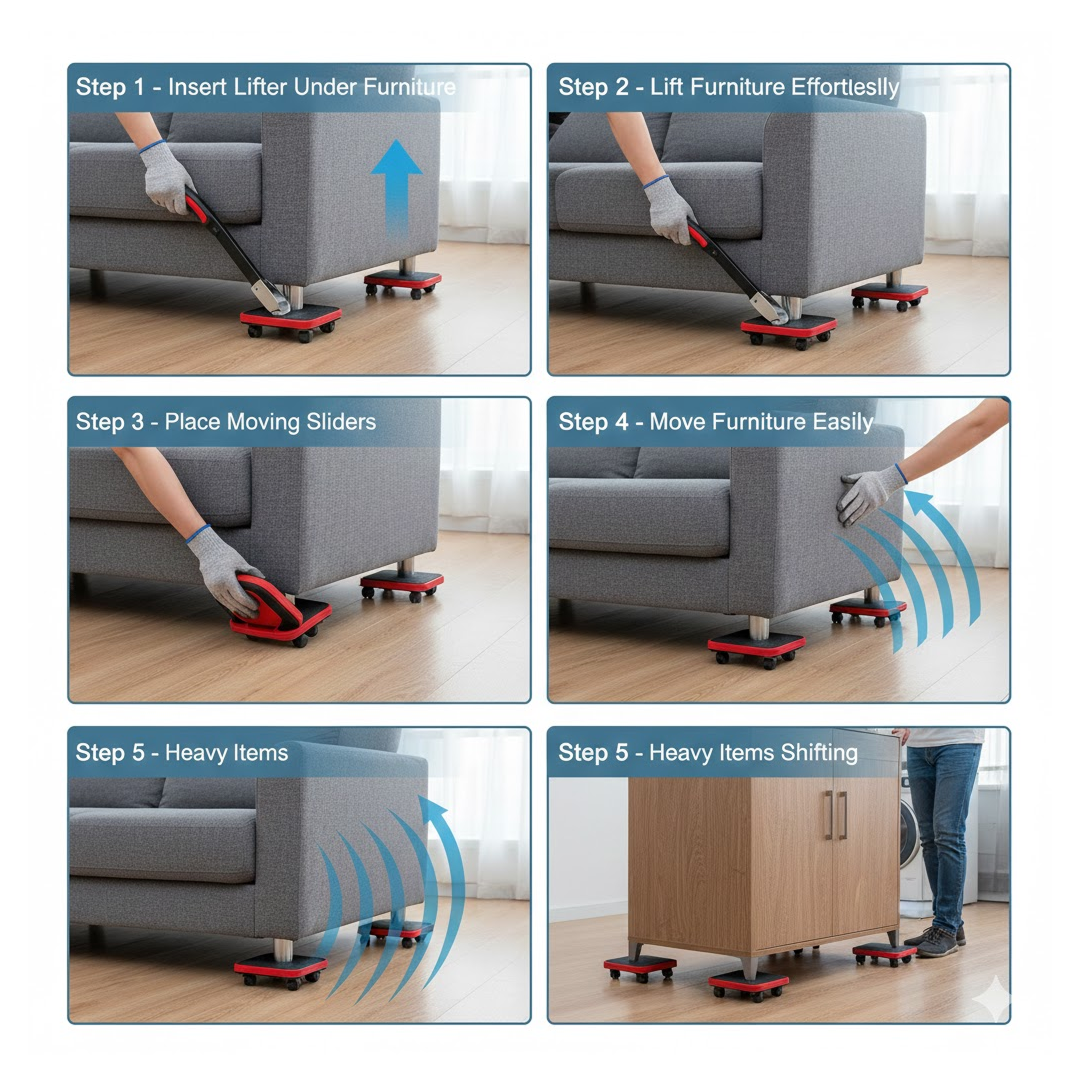 Technical drawing showcasing exact dimensions of the furniture lifter tool for planning.