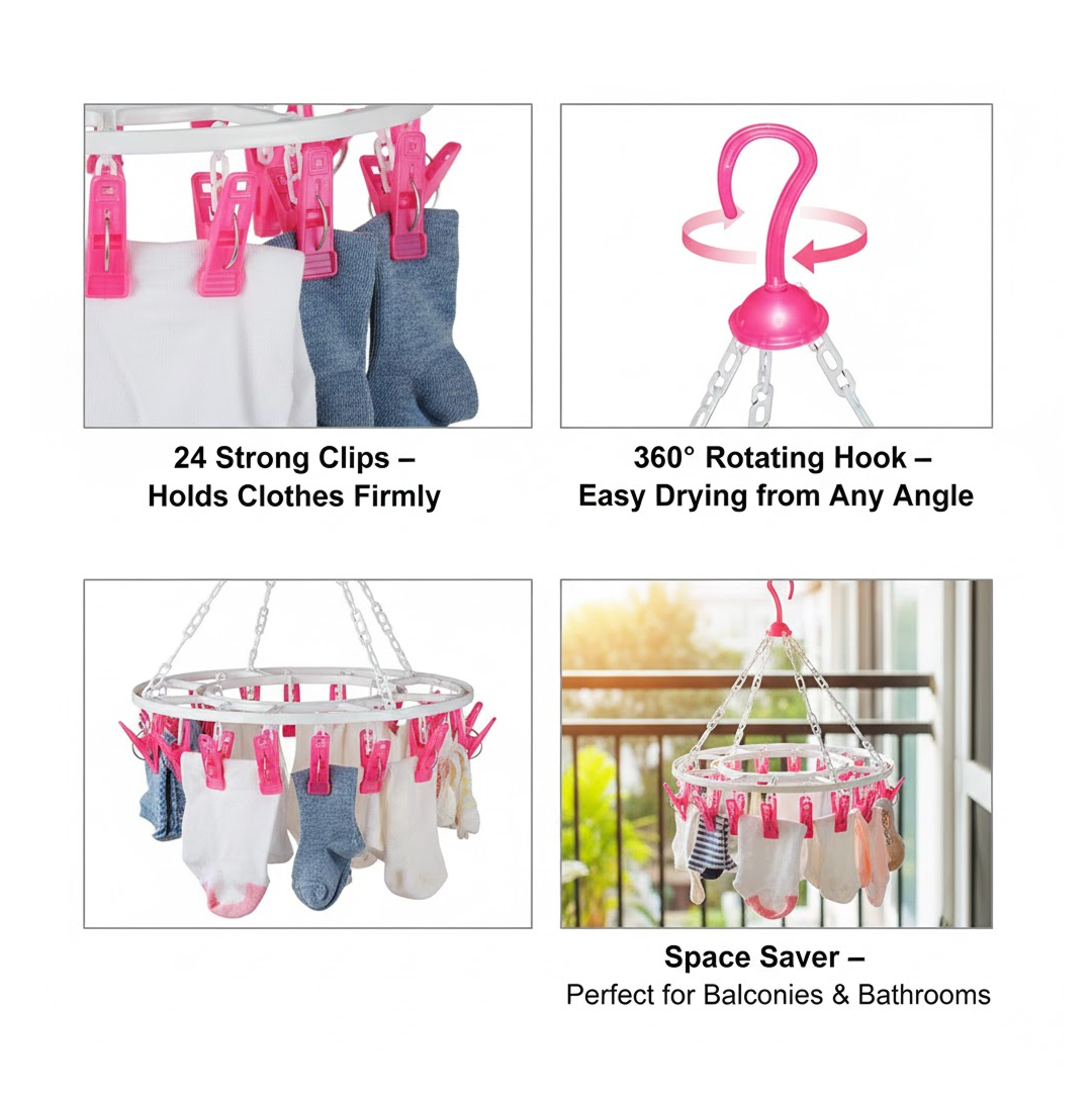 Space-Saving Cloth Drying Hanger – Round with 24 Clips