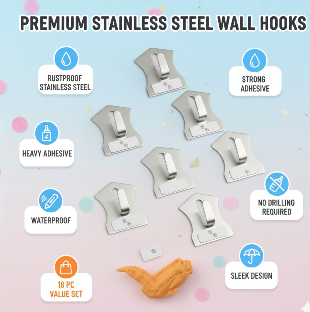 Heavy-Duty Stainless Steel Wall Hooks – Pc Set - main product view