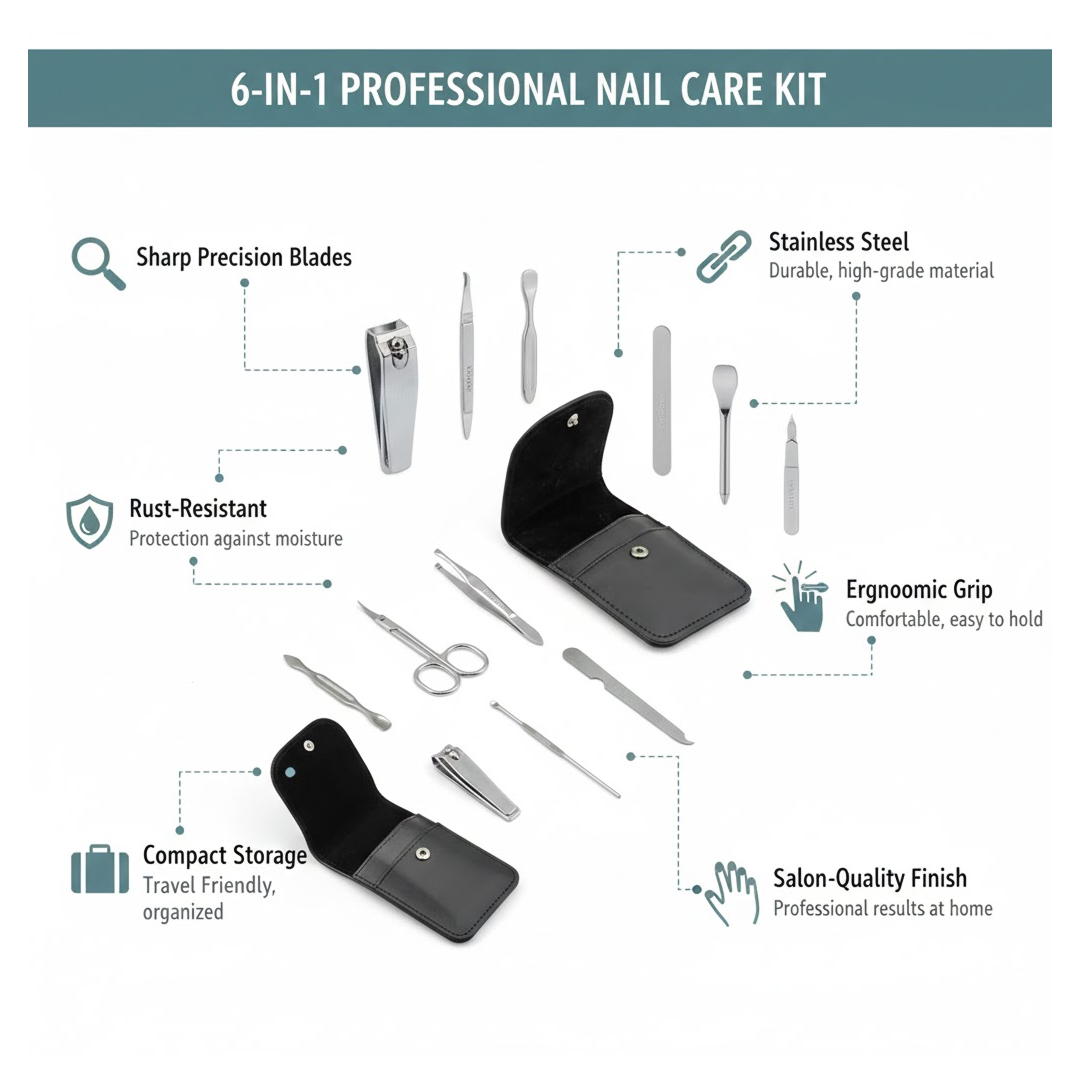 Nail Care Kit – 6-in-1 Stainless Steel Manicure Set | Velvet Wheels