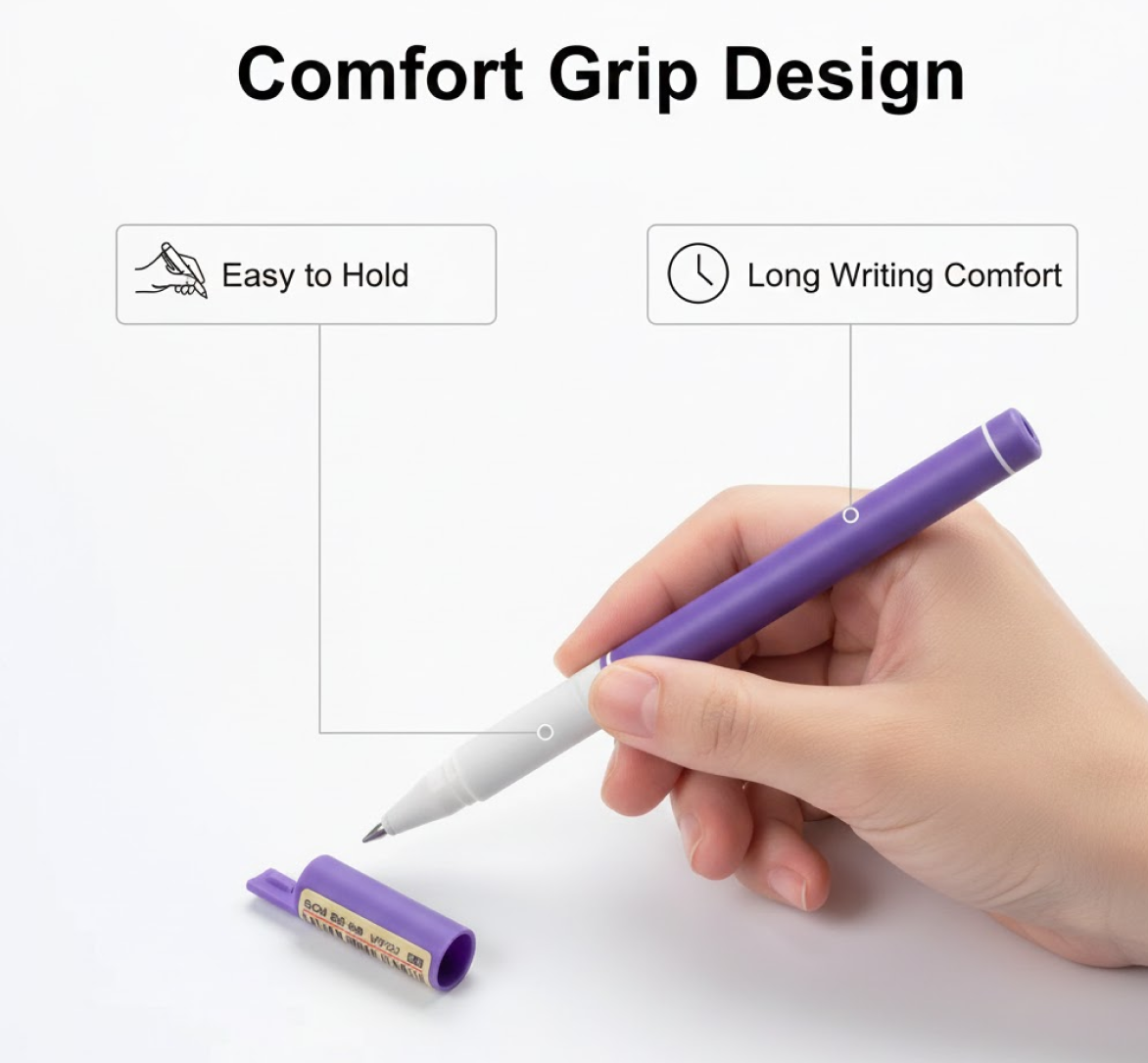 A hand holds a purple gel pen with its cap off, showing the fine tip, with text about comfort grip.