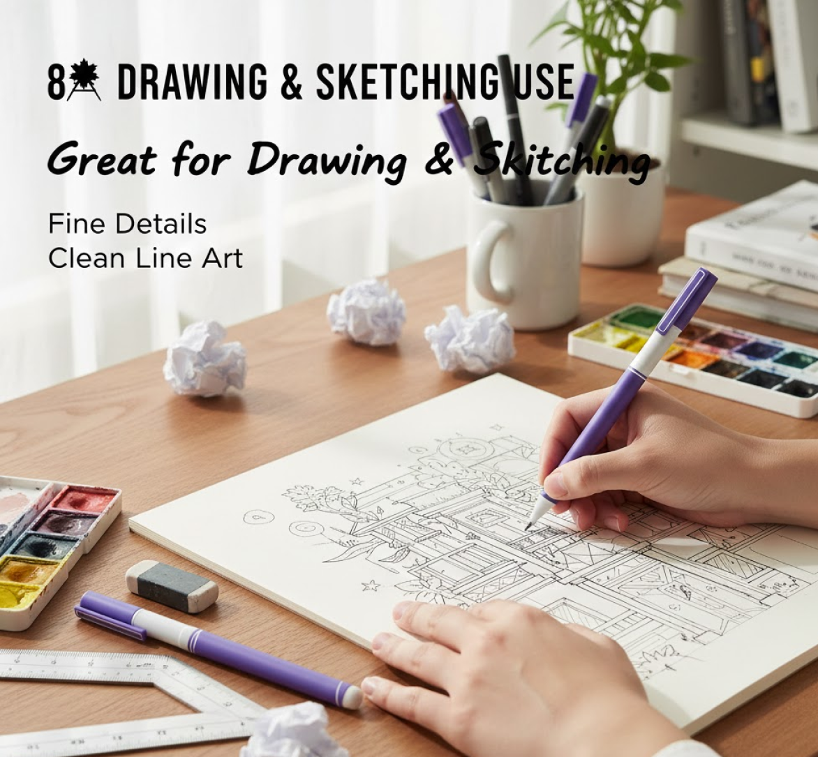 A person uses a purple gel pen to draw on a large sketchpad, surrounded by art supplies.