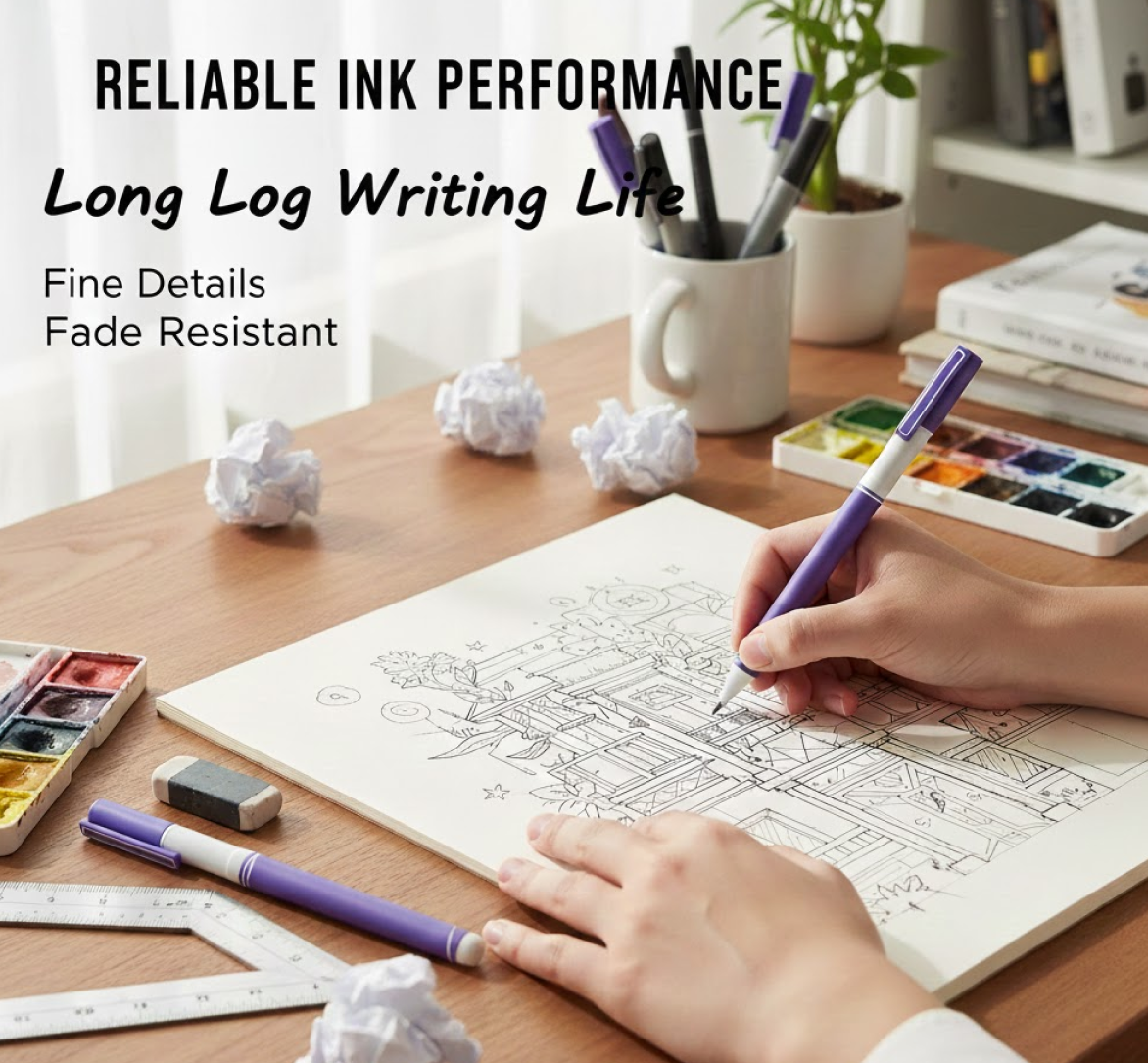 A person uses a purple gel pen to draw on a large sketchpad, with text about reliable ink performance.
